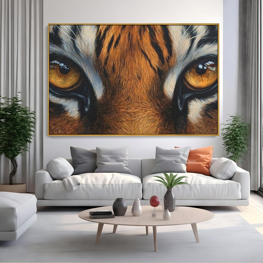 Leinwand Wandkunst Canvas Premium, LuxCanva® M1431, Verborgener Geist, Blick, Augen, Feuer, Geheimnis, Kraft, Instinkt, Bestie, Tiger, Tigerin, Feline, Dschungel, Exotisch, Büro, Wohnen, Kinderzimmer
