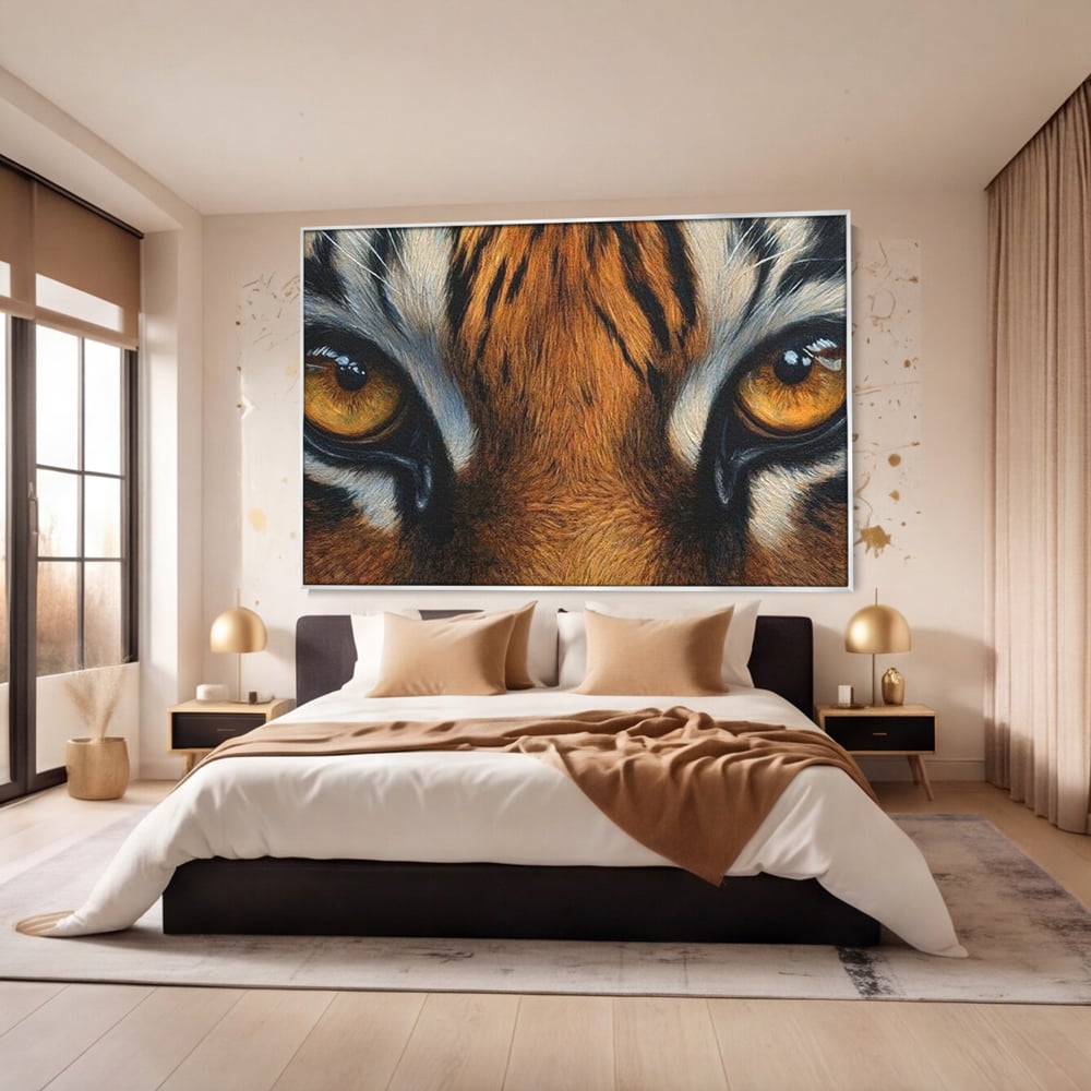 Leinwand Wandkunst Canvas Premium, LuxCanva® M1431, Verborgener Geist, Blick, Augen, Feuer, Geheimnis, Kraft, Instinkt, Bestie, Tiger, Tigerin, Feline, Dschungel, Exotisch, Büro, Wohnen, Kinderzimmer