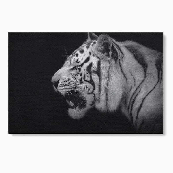 Leinwandbilder Premium, LuxCanva® M1432, Der Schattenjäger, Schwarz und Weiß, Tiger, Feline, Bestie, Tier, Exotisch, Wild, Profil, Streifen, Reißzähne, Büro, Wohnen, Kinderzimmer