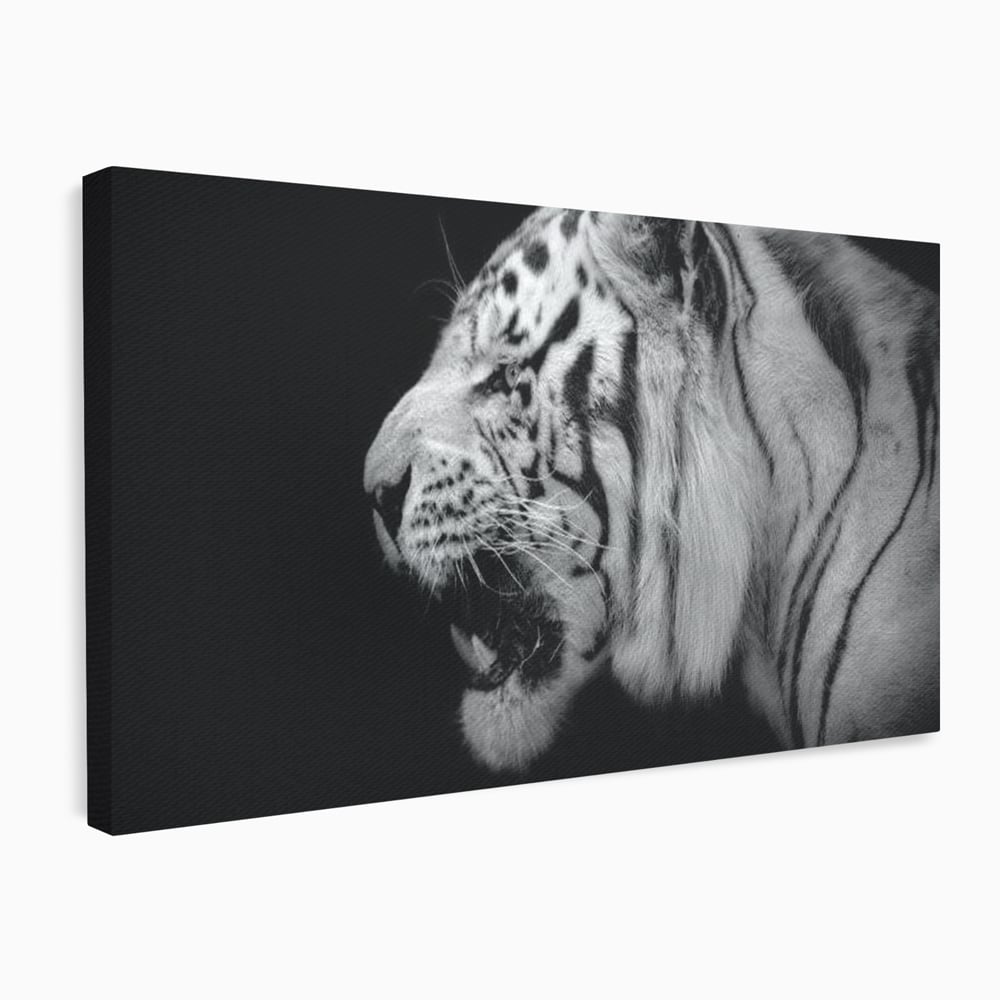 Leinwandbilder Premium, LuxCanva® M1432, Der Schattenjäger, Schwarz und Weiß, Tiger, Feline, Bestie, Tier, Exotisch, Wild, Profil, Streifen, Reißzähne, Büro, Wohnen, Kinderzimmer