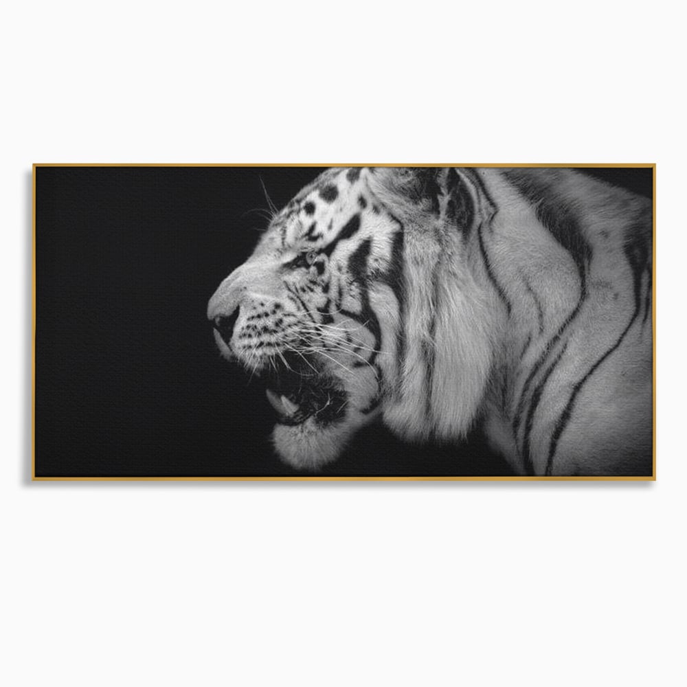 Leinwandbilder Premium, LuxCanva® M1432, Der Schattenjäger, Schwarz und Weiß, Tiger, Feline, Bestie, Tier, Exotisch, Wild, Profil, Streifen, Reißzähne, Büro, Wohnen, Kinderzimmer