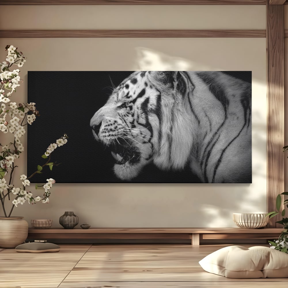 Leinwandbilder Premium, LuxCanva® M1432, Der Schattenjäger, Schwarz und Weiß, Tiger, Feline, Bestie, Tier, Exotisch, Wild, Profil, Streifen, Reißzähne, Büro, Wohnen, Kinderzimmer