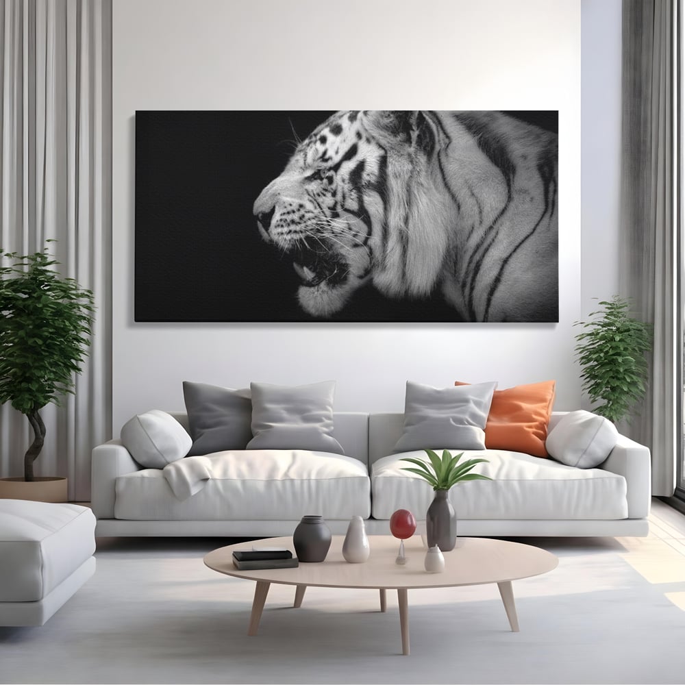 Leinwandbilder Premium, LuxCanva® M1432, Der Schattenjäger, Schwarz und Weiß, Tiger, Feline, Bestie, Tier, Exotisch, Wild, Profil, Streifen, Reißzähne, Büro, Wohnen, Kinderzimmer