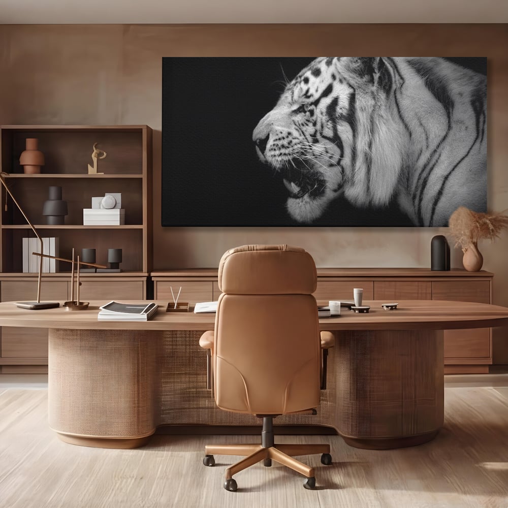 Leinwandbilder Premium, LuxCanva® M1432, Der Schattenjäger, Schwarz und Weiß, Tiger, Feline, Bestie, Tier, Exotisch, Wild, Profil, Streifen, Reißzähne, Büro, Wohnen, Kinderzimmer
