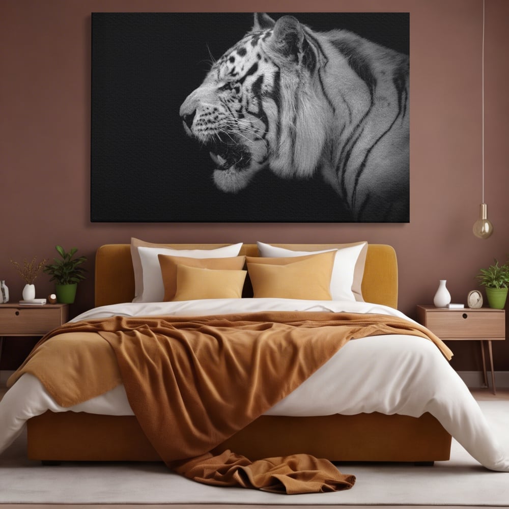 Leinwandbilder Premium, LuxCanva® M1432, Der Schattenjäger, Schwarz und Weiß, Tiger, Feline, Bestie, Tier, Exotisch, Wild, Profil, Streifen, Reißzähne, Büro, Wohnen, Kinderzimmer