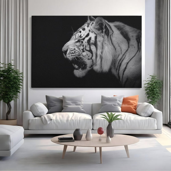 Leinwandbilder Premium, LuxCanva® M1432, Der Schattenjäger, Schwarz und Weiß, Tiger, Feline, Bestie, Tier, Exotisch, Wild, Profil, Streifen, Reißzähne, Büro, Wohnen, Kinderzimmer