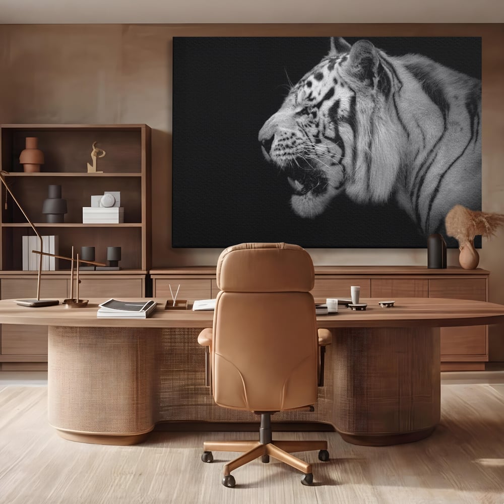 Leinwandbilder Premium, LuxCanva® M1432, Der Schattenjäger, Schwarz und Weiß, Tiger, Feline, Bestie, Tier, Exotisch, Wild, Profil, Streifen, Reißzähne, Büro, Wohnen, Kinderzimmer