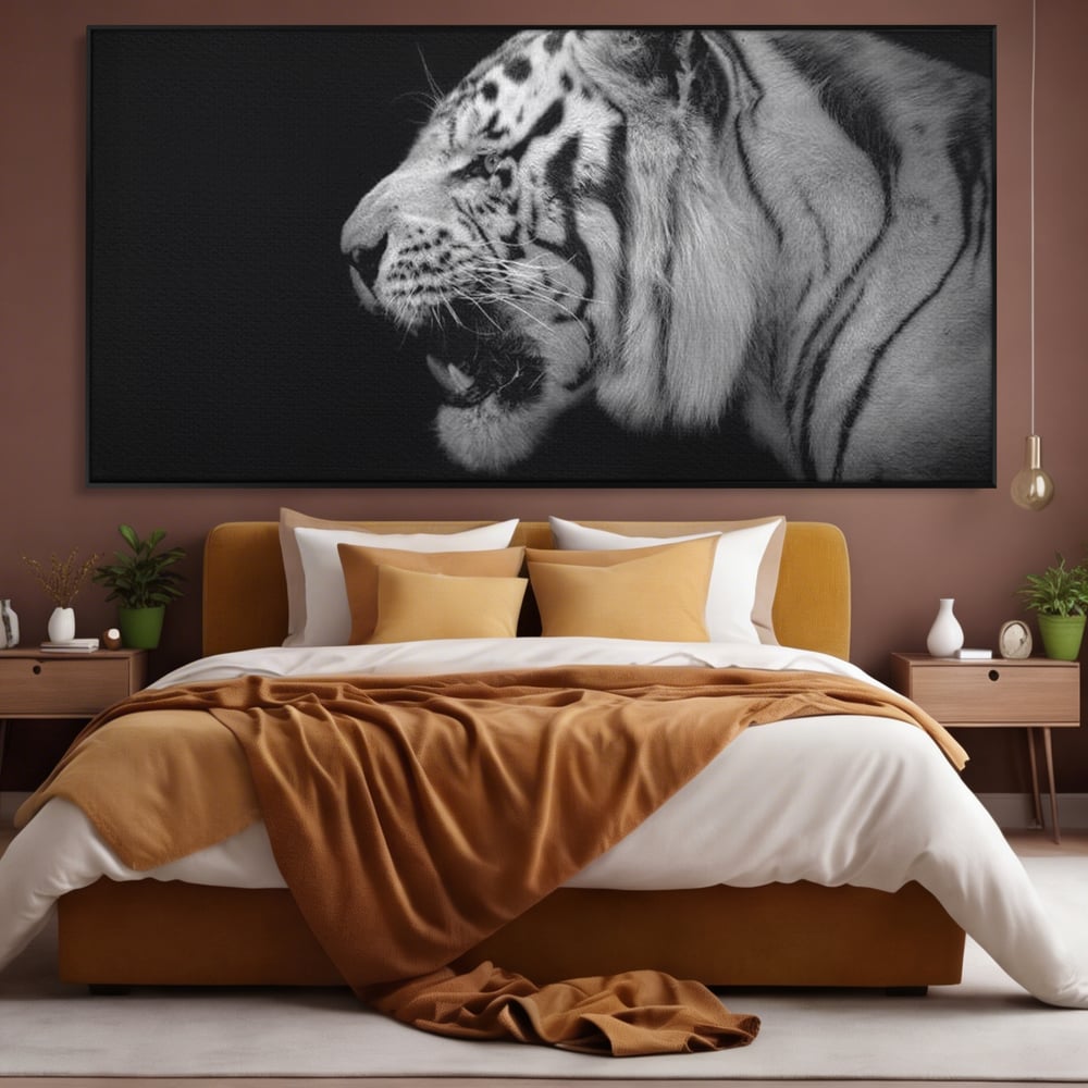 Leinwandbilder Premium, LuxCanva® M1432, Der Schattenjäger, Schwarz und Weiß, Tiger, Feline, Bestie, Tier, Exotisch, Wild, Profil, Streifen, Reißzähne, Büro, Wohnen, Kinderzimmer
