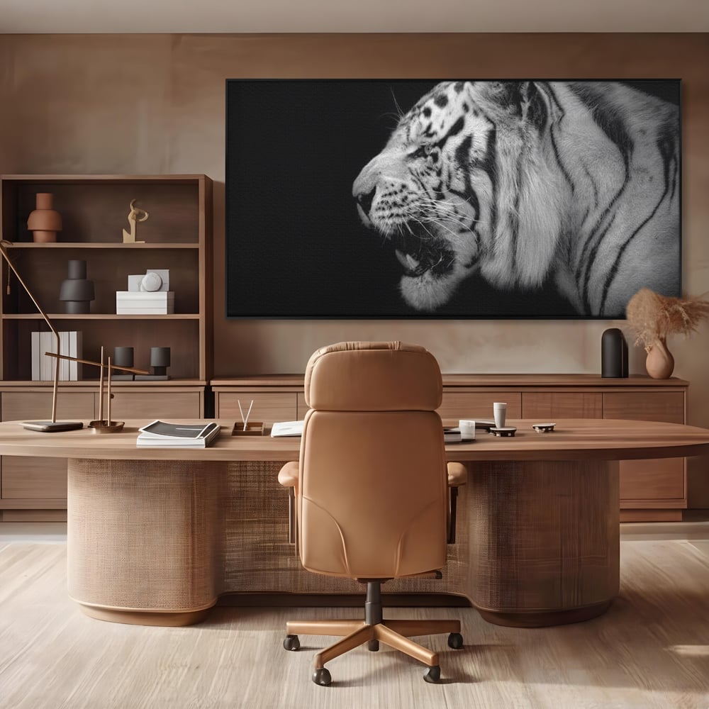 Leinwandbilder Premium, LuxCanva® M1432, Der Schattenjäger, Schwarz und Weiß, Tiger, Feline, Bestie, Tier, Exotisch, Wild, Profil, Streifen, Reißzähne, Büro, Wohnen, Kinderzimmer
