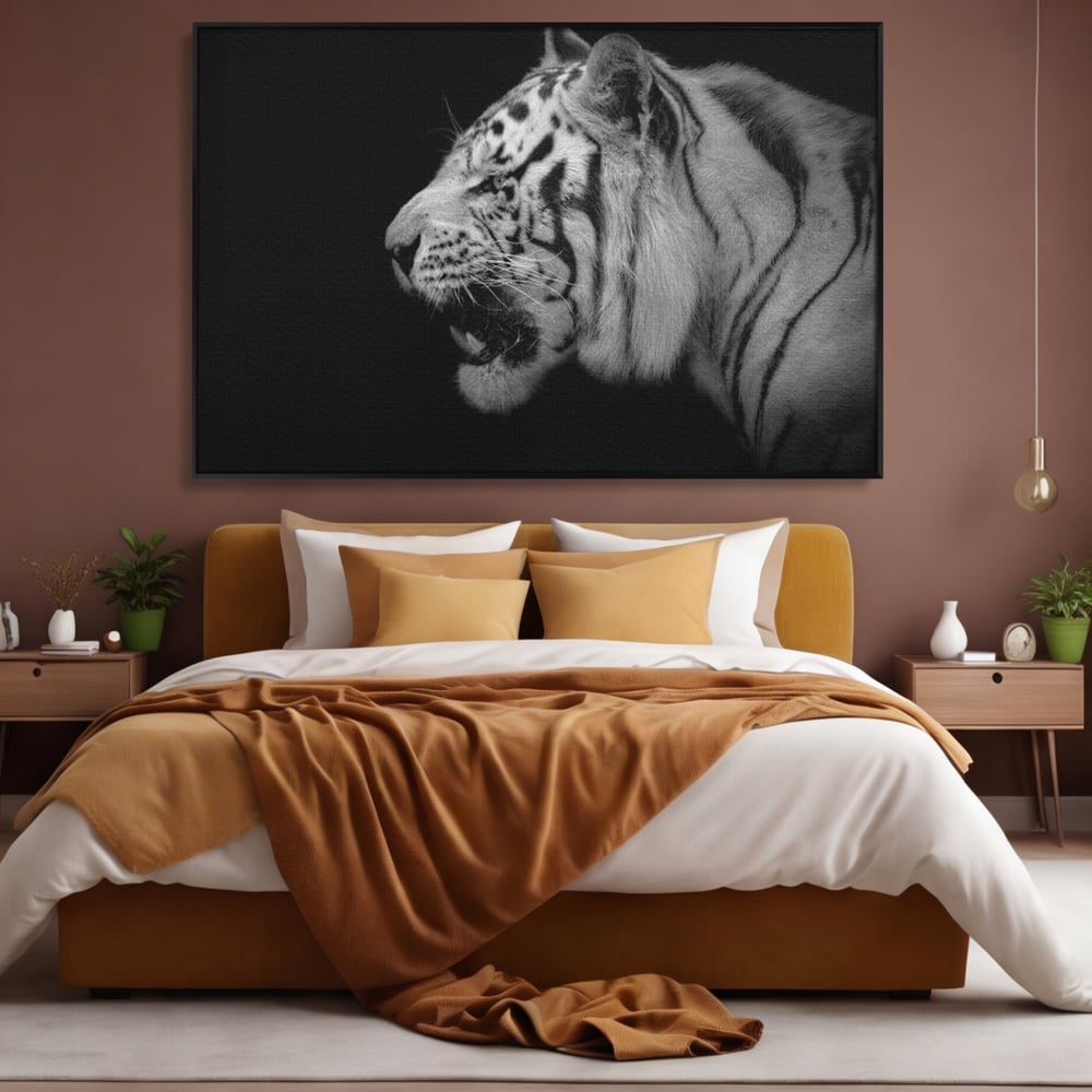Leinwandbilder Premium, LuxCanva® M1432, Der Schattenjäger, Schwarz und Weiß, Tiger, Feline, Bestie, Tier, Exotisch, Wild, Profil, Streifen, Reißzähne, Büro, Wohnen, Kinderzimmer