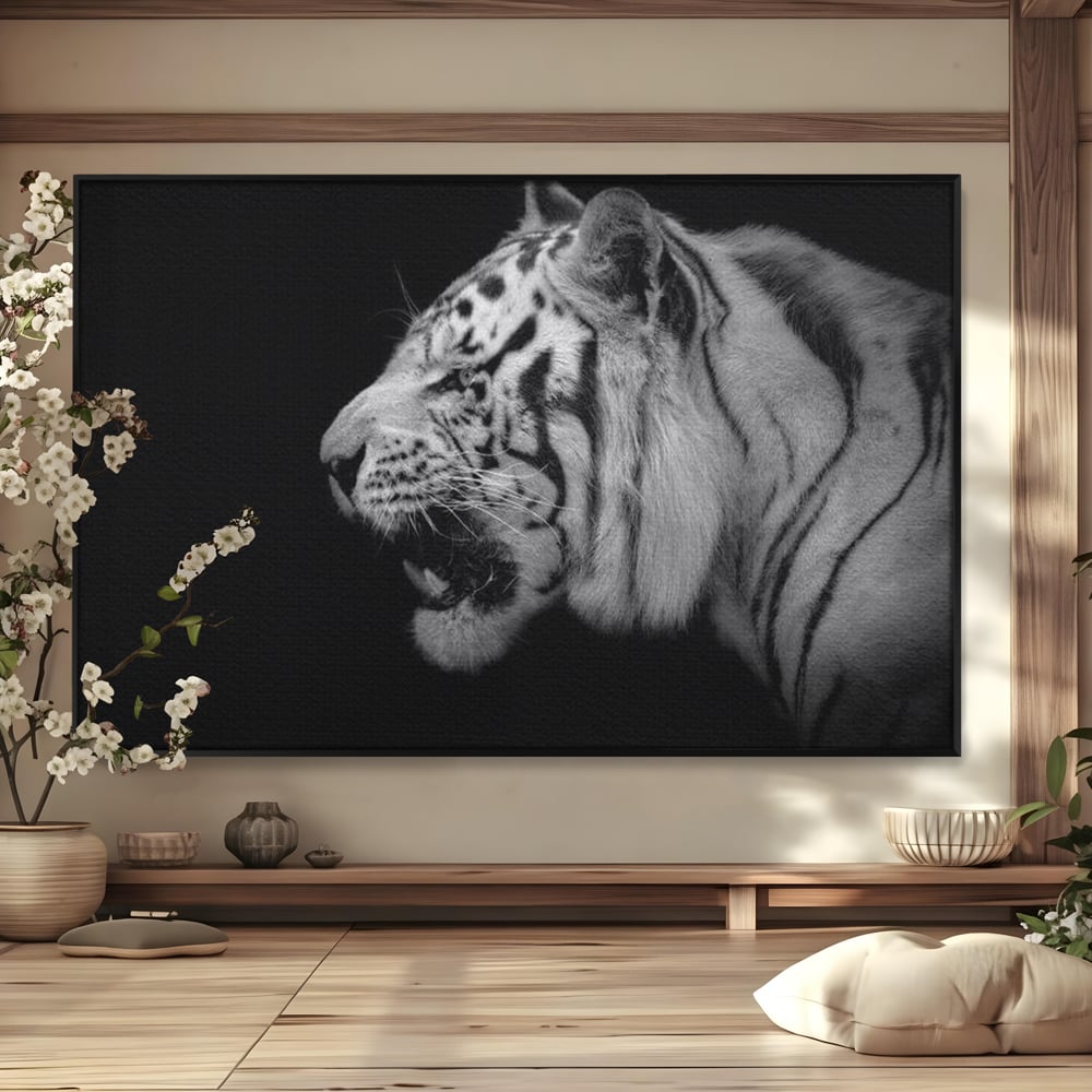 Leinwandbilder Premium, LuxCanva® M1432, Der Schattenjäger, Schwarz und Weiß, Tiger, Feline, Bestie, Tier, Exotisch, Wild, Profil, Streifen, Reißzähne, Büro, Wohnen, Kinderzimmer
