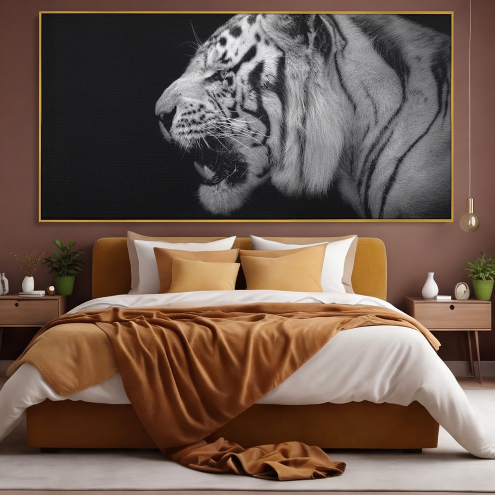 Leinwandbilder Premium, LuxCanva® M1432, Der Schattenjäger, Schwarz und Weiß, Tiger, Feline, Bestie, Tier, Exotisch, Wild, Profil, Streifen, Reißzähne, Büro, Wohnen, Kinderzimmer