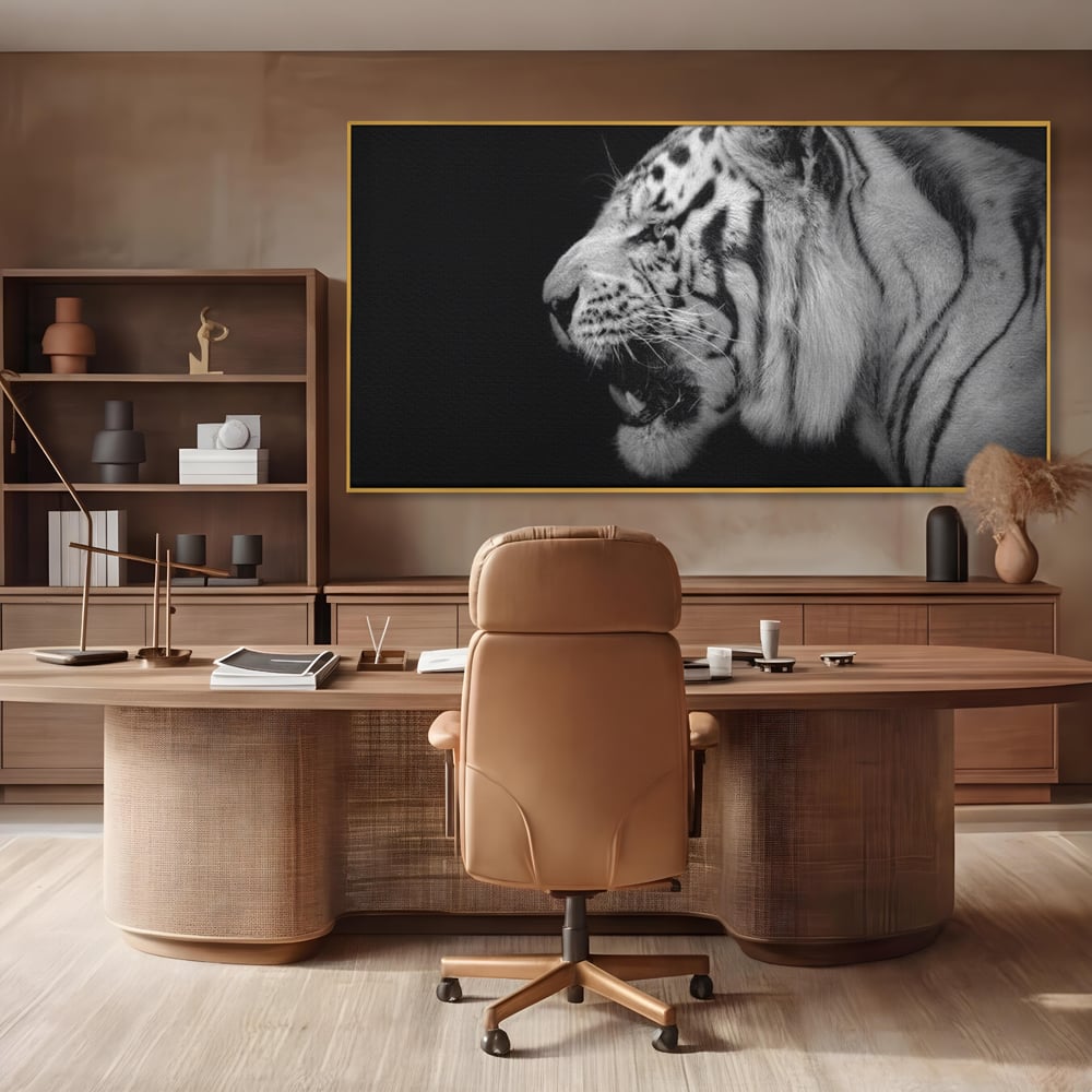 Leinwandbilder Premium, LuxCanva® M1432, Der Schattenjäger, Schwarz und Weiß, Tiger, Feline, Bestie, Tier, Exotisch, Wild, Profil, Streifen, Reißzähne, Büro, Wohnen, Kinderzimmer