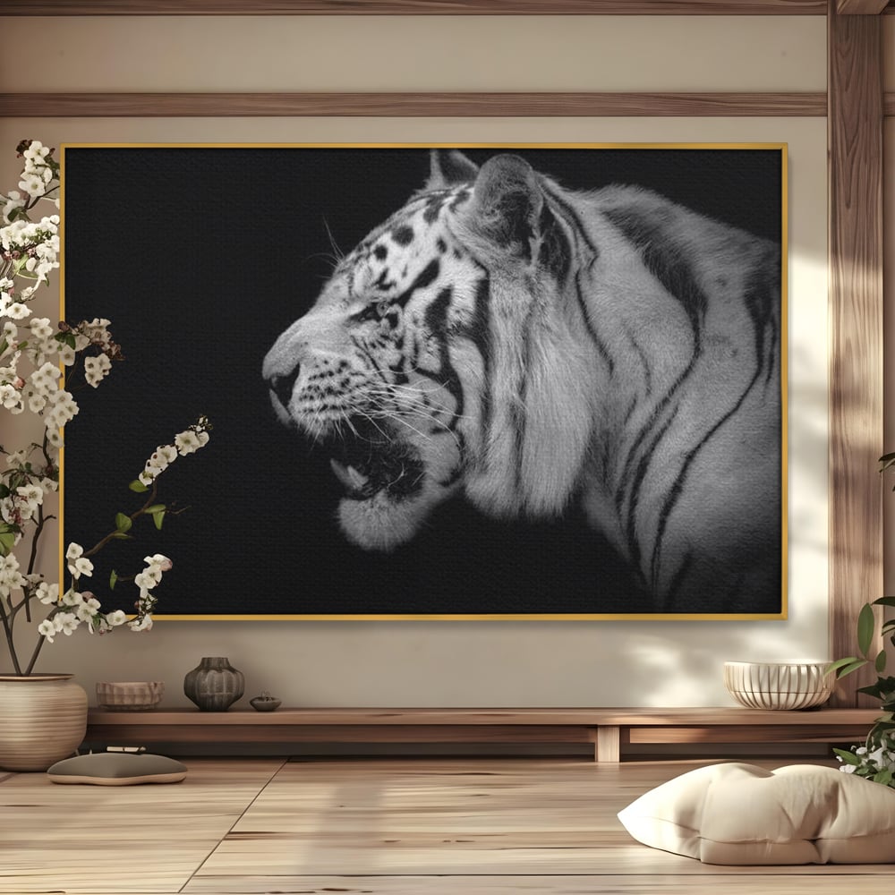 Leinwandbilder Premium, LuxCanva® M1432, Der Schattenjäger, Schwarz und Weiß, Tiger, Feline, Bestie, Tier, Exotisch, Wild, Profil, Streifen, Reißzähne, Büro, Wohnen, Kinderzimmer