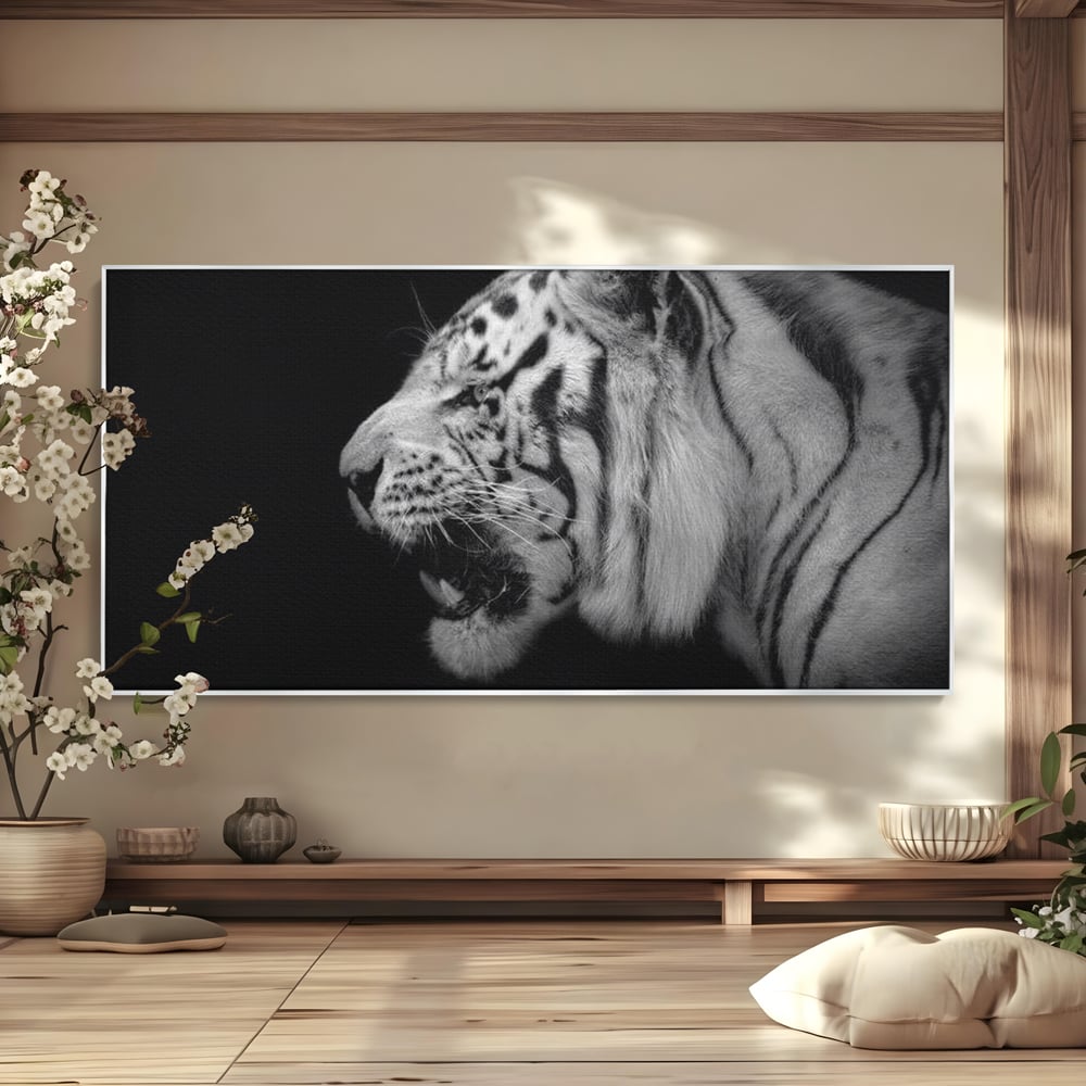 Leinwandbilder Premium, LuxCanva® M1432, Der Schattenjäger, Schwarz und Weiß, Tiger, Feline, Bestie, Tier, Exotisch, Wild, Profil, Streifen, Reißzähne, Büro, Wohnen, Kinderzimmer