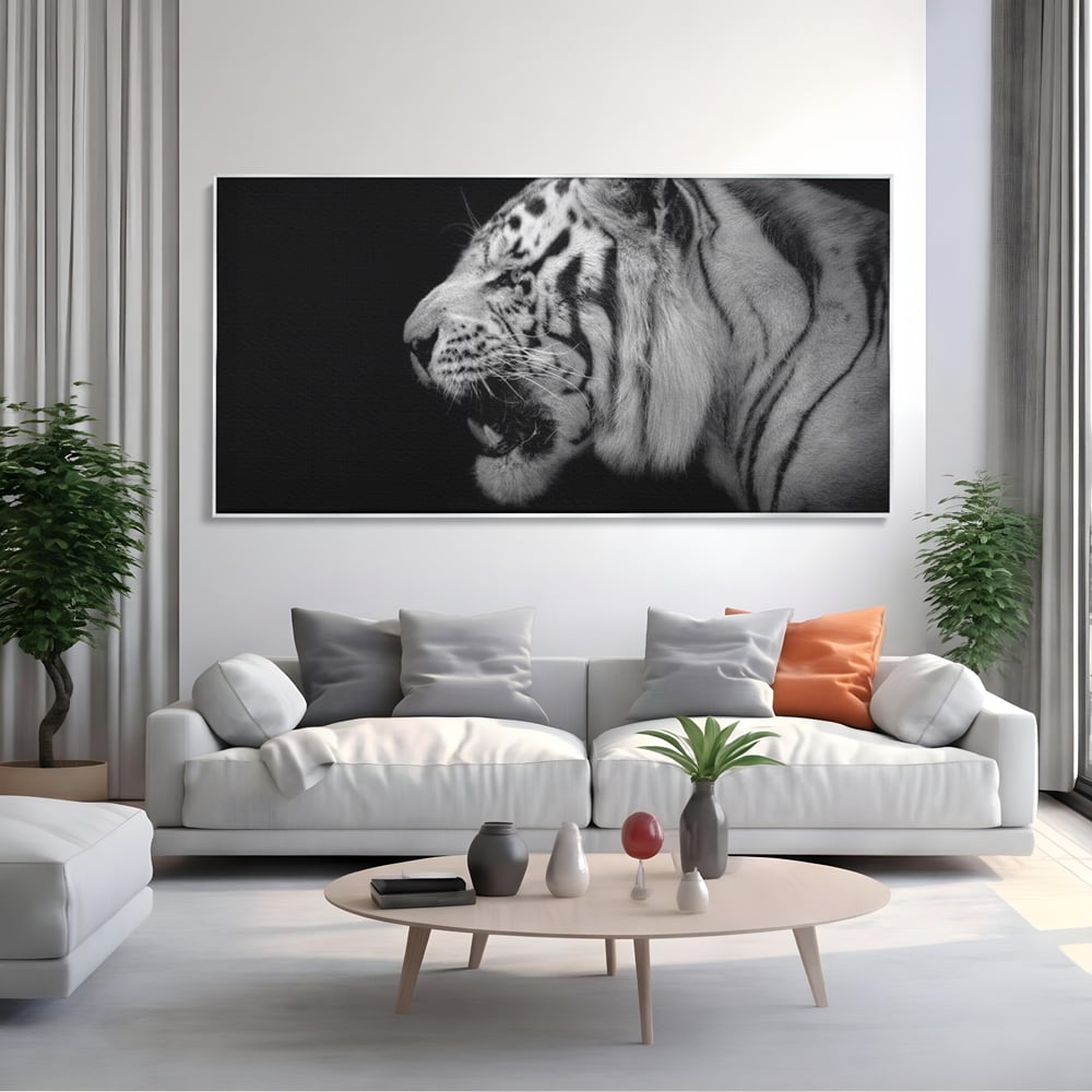 Leinwandbilder Premium, LuxCanva® M1432, Der Schattenjäger, Schwarz und Weiß, Tiger, Feline, Bestie, Tier, Exotisch, Wild, Profil, Streifen, Reißzähne, Büro, Wohnen, Kinderzimmer