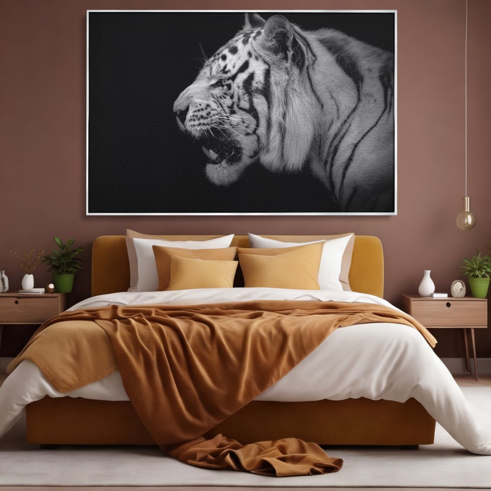 Leinwandbilder Premium, LuxCanva® M1432, Der Schattenjäger, Schwarz und Weiß, Tiger, Feline, Bestie, Tier, Exotisch, Wild, Profil, Streifen, Reißzähne, Büro, Wohnen, Kinderzimmer