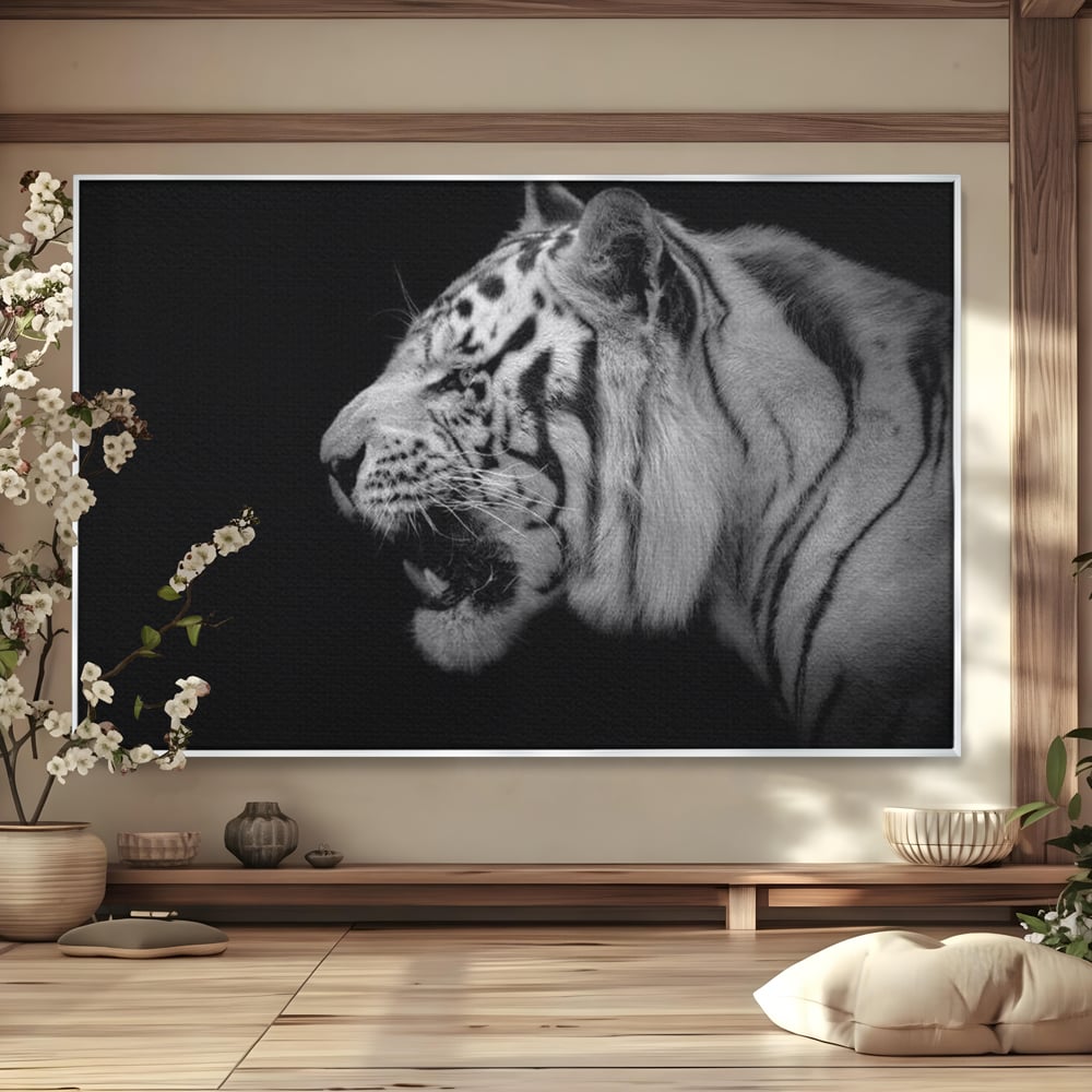 Leinwandbilder Premium, LuxCanva® M1432, Der Schattenjäger, Schwarz und Weiß, Tiger, Feline, Bestie, Tier, Exotisch, Wild, Profil, Streifen, Reißzähne, Büro, Wohnen, Kinderzimmer