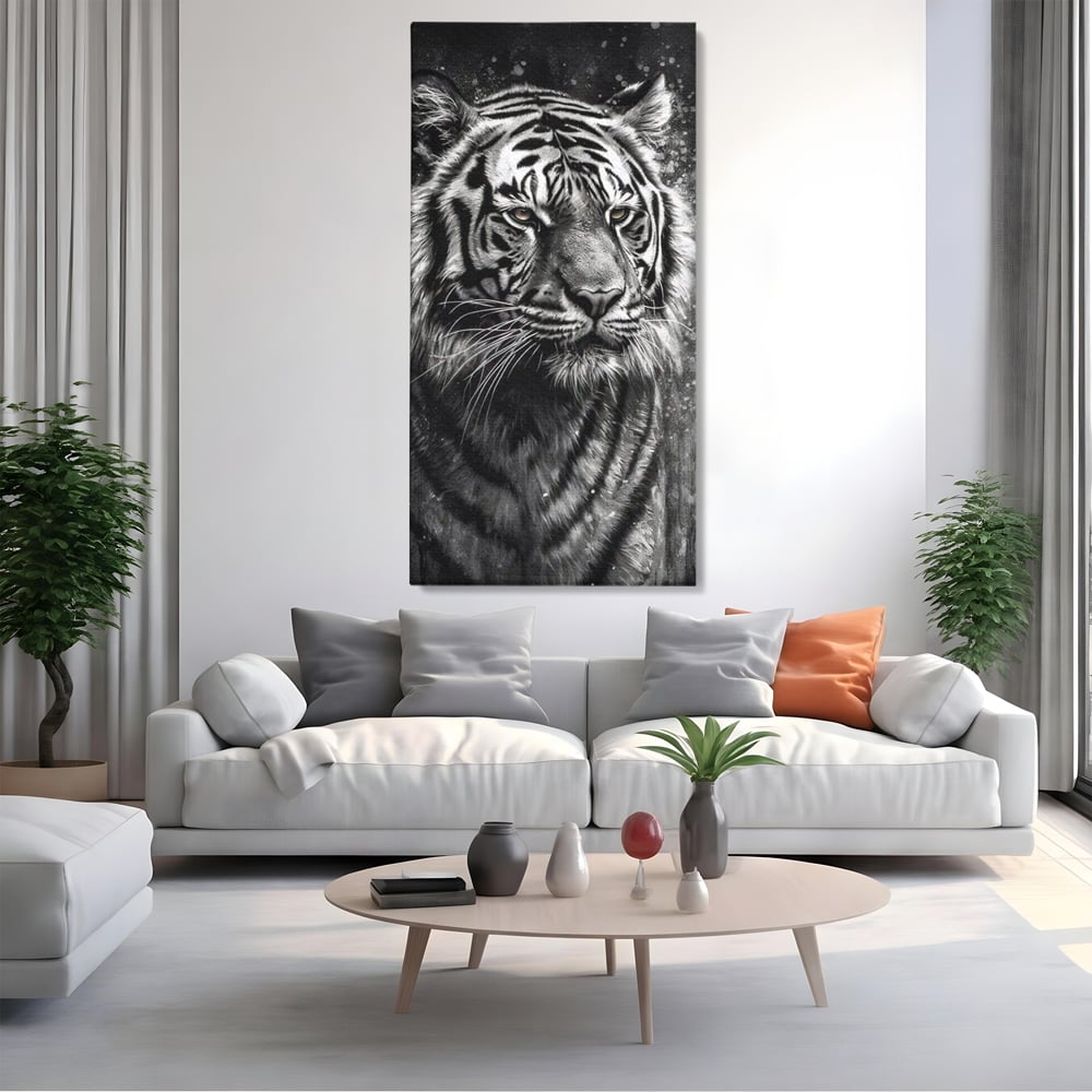 Leinwand Premium Leinwandbilder, LuxCanva® M1433, Schneetier, Monochrom, Gemälde, Portrait, Abstrakt, Tiger, Schwarz-Weiß, Schwarz-Weiß, Feline, Tier, Schatten, Stark, Edel, Büro, Wohnen, Kinderzimmer