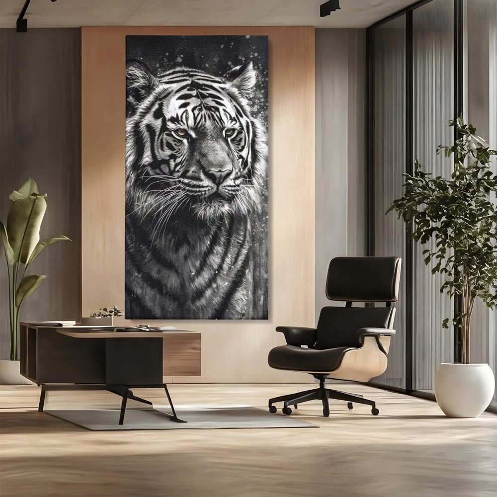 Leinwand Premium Leinwandbilder, LuxCanva® M1433, Schneetier, Monochrom, Gemälde, Portrait, Abstrakt, Tiger, Schwarz-Weiß, Schwarz-Weiß, Feline, Tier, Schatten, Stark, Edel, Büro, Wohnen, Kinderzimmer