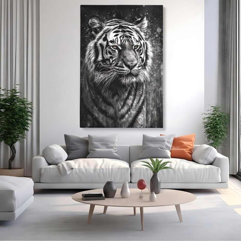 Leinwand Premium Leinwandbilder, LuxCanva® M1433, Schneetier, Monochrom, Gemälde, Portrait, Abstrakt, Tiger, Schwarz-Weiß, Schwarz-Weiß, Feline, Tier, Schatten, Stark, Edel, Büro, Wohnen, Kinderzimmer