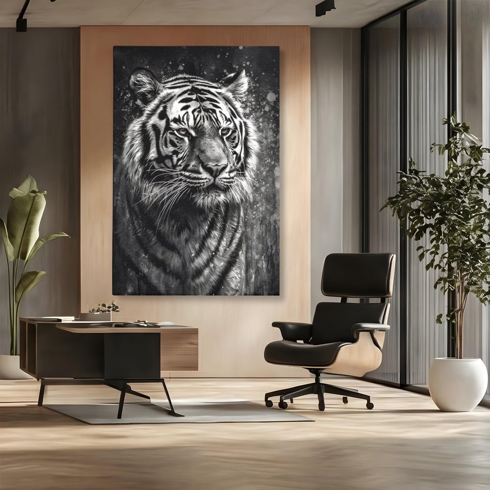 Leinwand Premium Leinwandbilder, LuxCanva® M1433, Schneetier, Monochrom, Gemälde, Portrait, Abstrakt, Tiger, Schwarz-Weiß, Schwarz-Weiß, Feline, Tier, Schatten, Stark, Edel, Büro, Wohnen, Kinderzimmer