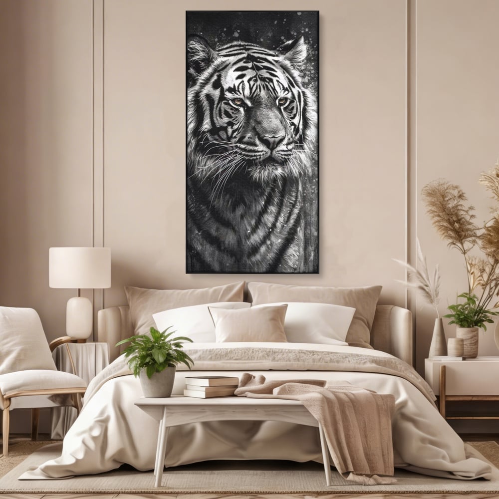 Leinwand Premium Leinwandbilder, LuxCanva® M1433, Schneetier, Monochrom, Gemälde, Portrait, Abstrakt, Tiger, Schwarz-Weiß, Schwarz-Weiß, Feline, Tier, Schatten, Stark, Edel, Büro, Wohnen, Kinderzimmer