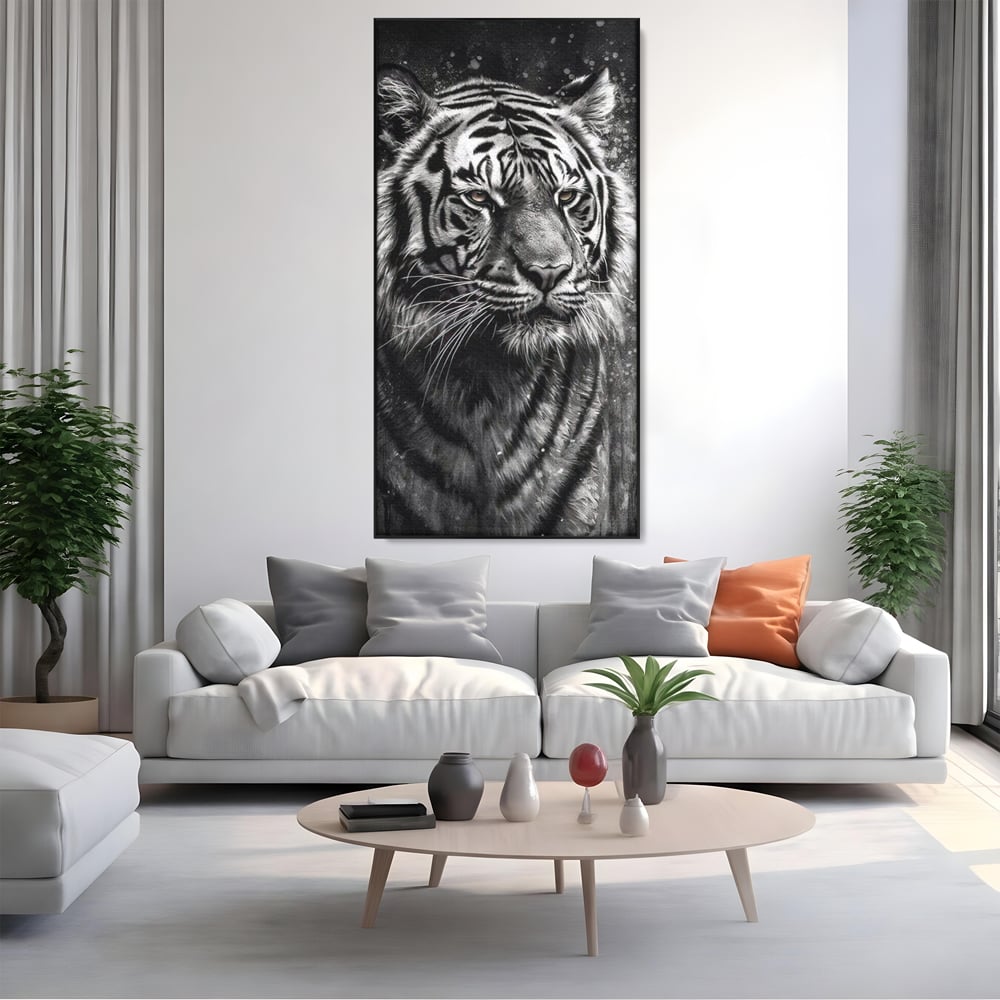 Leinwand Premium Leinwandbilder, LuxCanva® M1433, Schneetier, Monochrom, Gemälde, Portrait, Abstrakt, Tiger, Schwarz-Weiß, Schwarz-Weiß, Feline, Tier, Schatten, Stark, Edel, Büro, Wohnen, Kinderzimmer