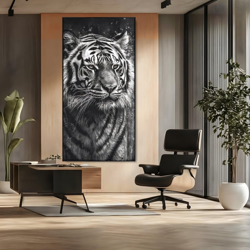 Leinwand Premium Leinwandbilder, LuxCanva® M1433, Schneetier, Monochrom, Gemälde, Portrait, Abstrakt, Tiger, Schwarz-Weiß, Schwarz-Weiß, Feline, Tier, Schatten, Stark, Edel, Büro, Wohnen, Kinderzimmer