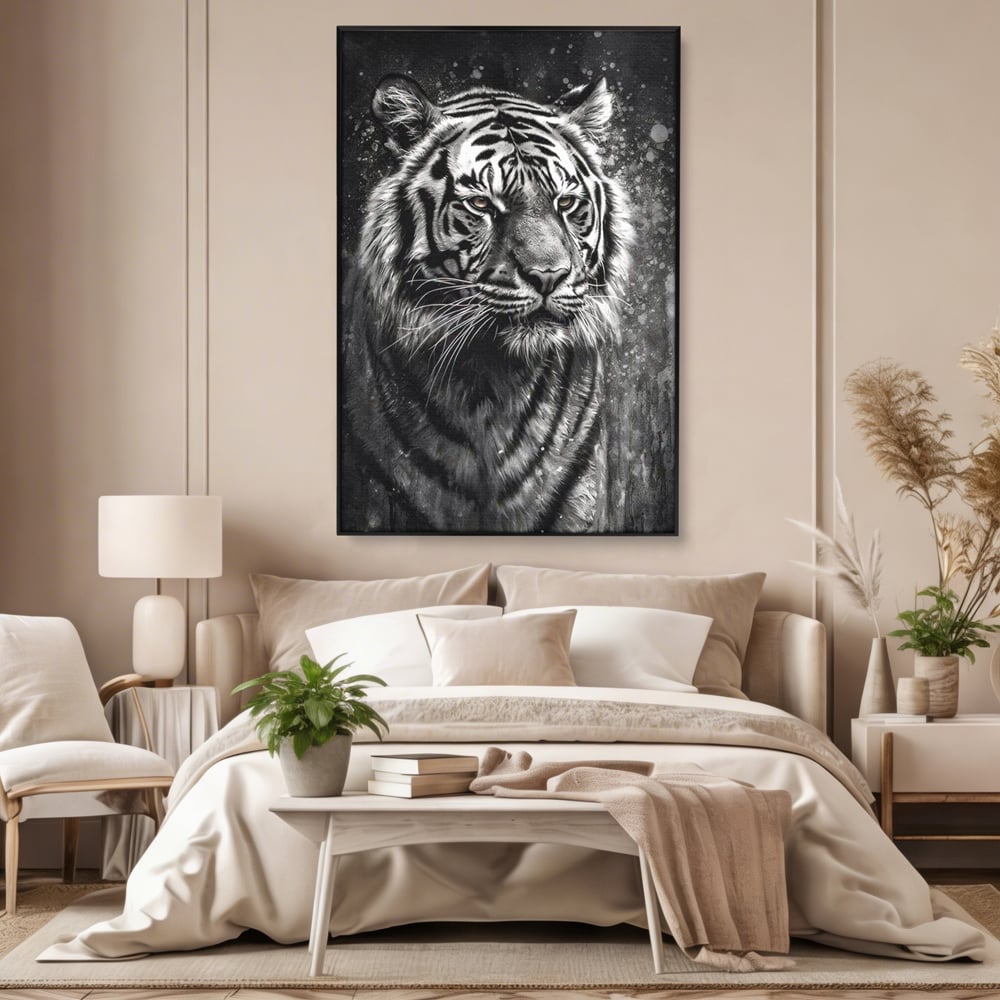 Leinwand Premium Leinwandbilder, LuxCanva® M1433, Schneetier, Monochrom, Gemälde, Portrait, Abstrakt, Tiger, Schwarz-Weiß, Schwarz-Weiß, Feline, Tier, Schatten, Stark, Edel, Büro, Wohnen, Kinderzimmer