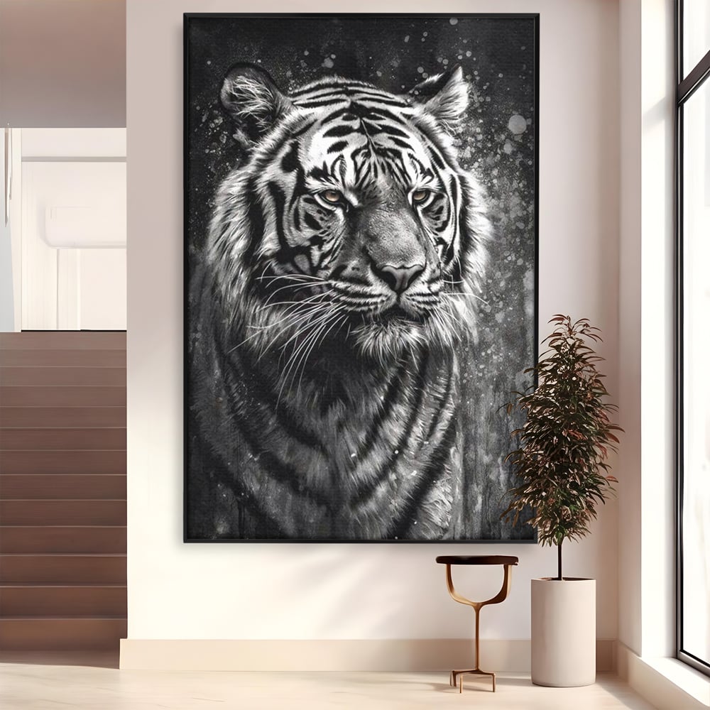 Leinwand Premium Leinwandbilder, LuxCanva® M1433, Schneetier, Monochrom, Gemälde, Portrait, Abstrakt, Tiger, Schwarz-Weiß, Schwarz-Weiß, Feline, Tier, Schatten, Stark, Edel, Büro, Wohnen, Kinderzimmer