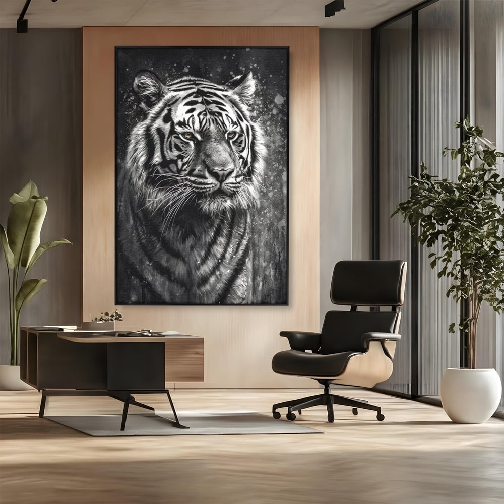 Leinwand Premium Leinwandbilder, LuxCanva® M1433, Schneetier, Monochrom, Gemälde, Portrait, Abstrakt, Tiger, Schwarz-Weiß, Schwarz-Weiß, Feline, Tier, Schatten, Stark, Edel, Büro, Wohnen, Kinderzimmer