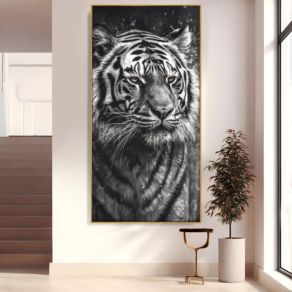 Leinwand Premium Leinwandbilder, LuxCanva® M1433, Schneetier, Monochrom, Gemälde, Portrait, Abstrakt, Tiger, Schwarz-Weiß, Schwarz-Weiß, Feline, Tier, Schatten, Stark, Edel, Büro, Wohnen, Kinderzimmer