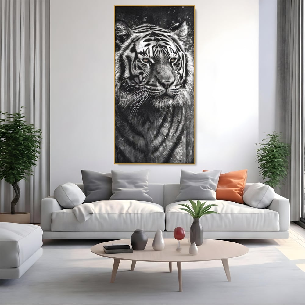 Leinwand Premium Leinwandbilder, LuxCanva® M1433, Schneetier, Monochrom, Gemälde, Portrait, Abstrakt, Tiger, Schwarz-Weiß, Schwarz-Weiß, Feline, Tier, Schatten, Stark, Edel, Büro, Wohnen, Kinderzimmer