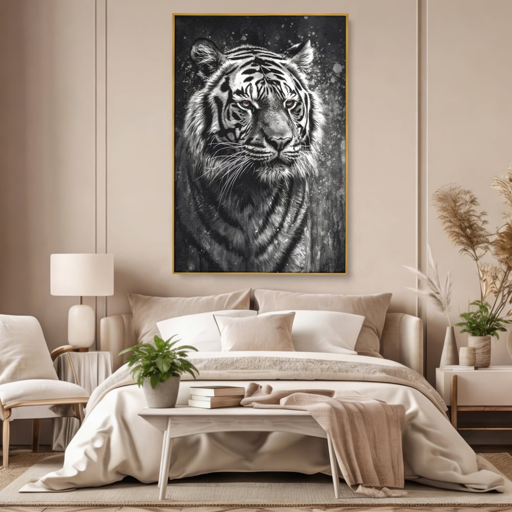 Leinwand Premium Leinwandbilder, LuxCanva® M1433, Schneetier, Monochrom, Gemälde, Portrait, Abstrakt, Tiger, Schwarz-Weiß, Schwarz-Weiß, Feline, Tier, Schatten, Stark, Edel, Büro, Wohnen, Kinderzimmer