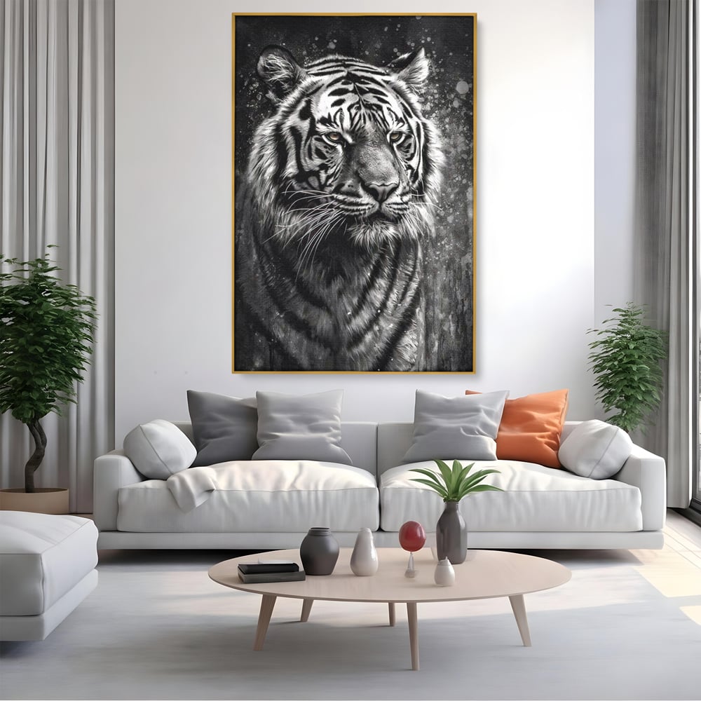 Leinwand Premium Leinwandbilder, LuxCanva® M1433, Schneetier, Monochrom, Gemälde, Portrait, Abstrakt, Tiger, Schwarz-Weiß, Schwarz-Weiß, Feline, Tier, Schatten, Stark, Edel, Büro, Wohnen, Kinderzimmer