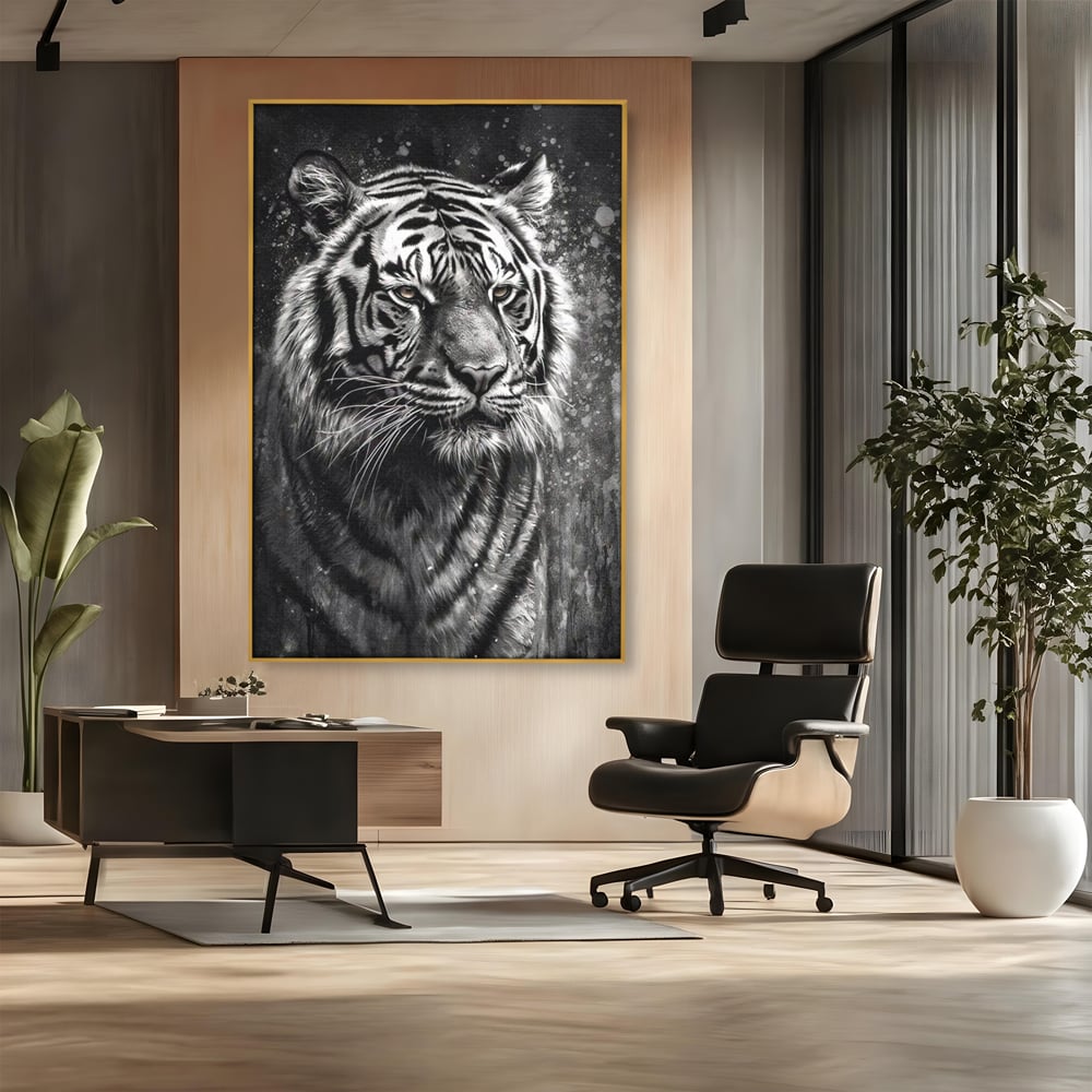 Leinwand Premium Leinwandbilder, LuxCanva® M1433, Schneetier, Monochrom, Gemälde, Portrait, Abstrakt, Tiger, Schwarz-Weiß, Schwarz-Weiß, Feline, Tier, Schatten, Stark, Edel, Büro, Wohnen, Kinderzimmer