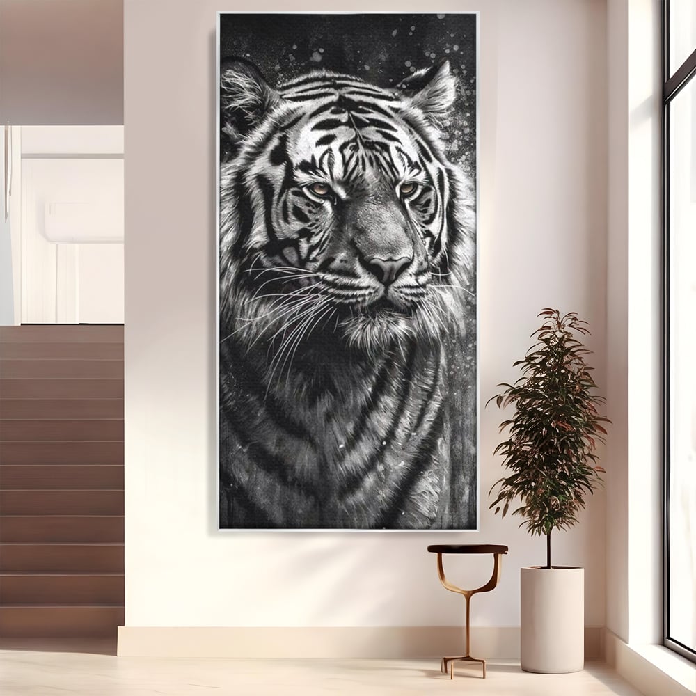 Leinwand Premium Leinwandbilder, LuxCanva® M1433, Schneetier, Monochrom, Gemälde, Portrait, Abstrakt, Tiger, Schwarz-Weiß, Schwarz-Weiß, Feline, Tier, Schatten, Stark, Edel, Büro, Wohnen, Kinderzimmer