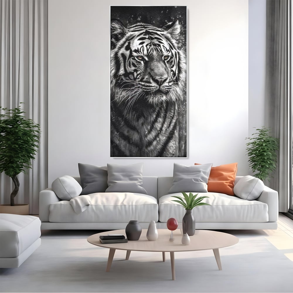 Leinwand Premium Leinwandbilder, LuxCanva® M1433, Schneetier, Monochrom, Gemälde, Portrait, Abstrakt, Tiger, Schwarz-Weiß, Schwarz-Weiß, Feline, Tier, Schatten, Stark, Edel, Büro, Wohnen, Kinderzimmer