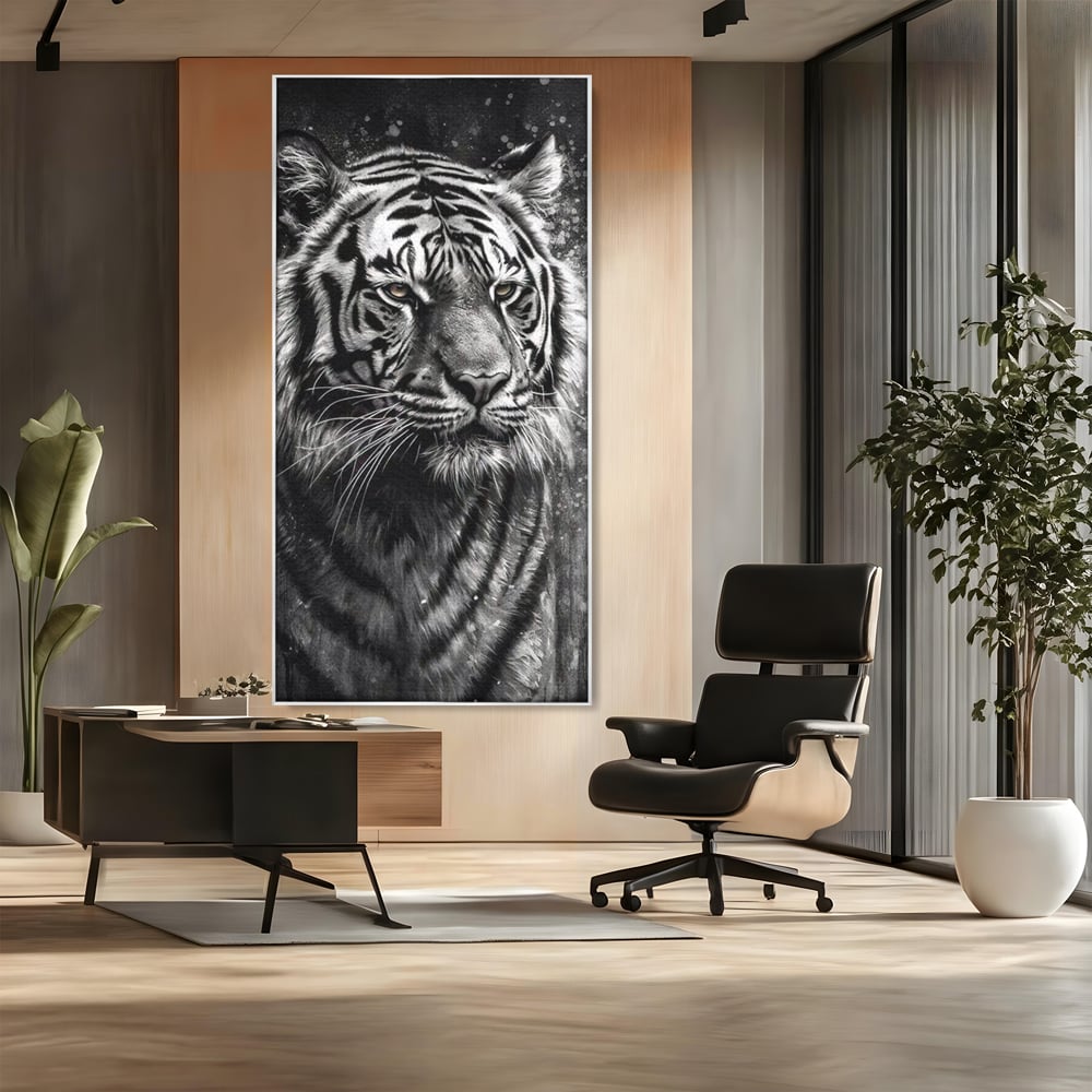 Leinwand Premium Leinwandbilder, LuxCanva® M1433, Schneetier, Monochrom, Gemälde, Portrait, Abstrakt, Tiger, Schwarz-Weiß, Schwarz-Weiß, Feline, Tier, Schatten, Stark, Edel, Büro, Wohnen, Kinderzimmer