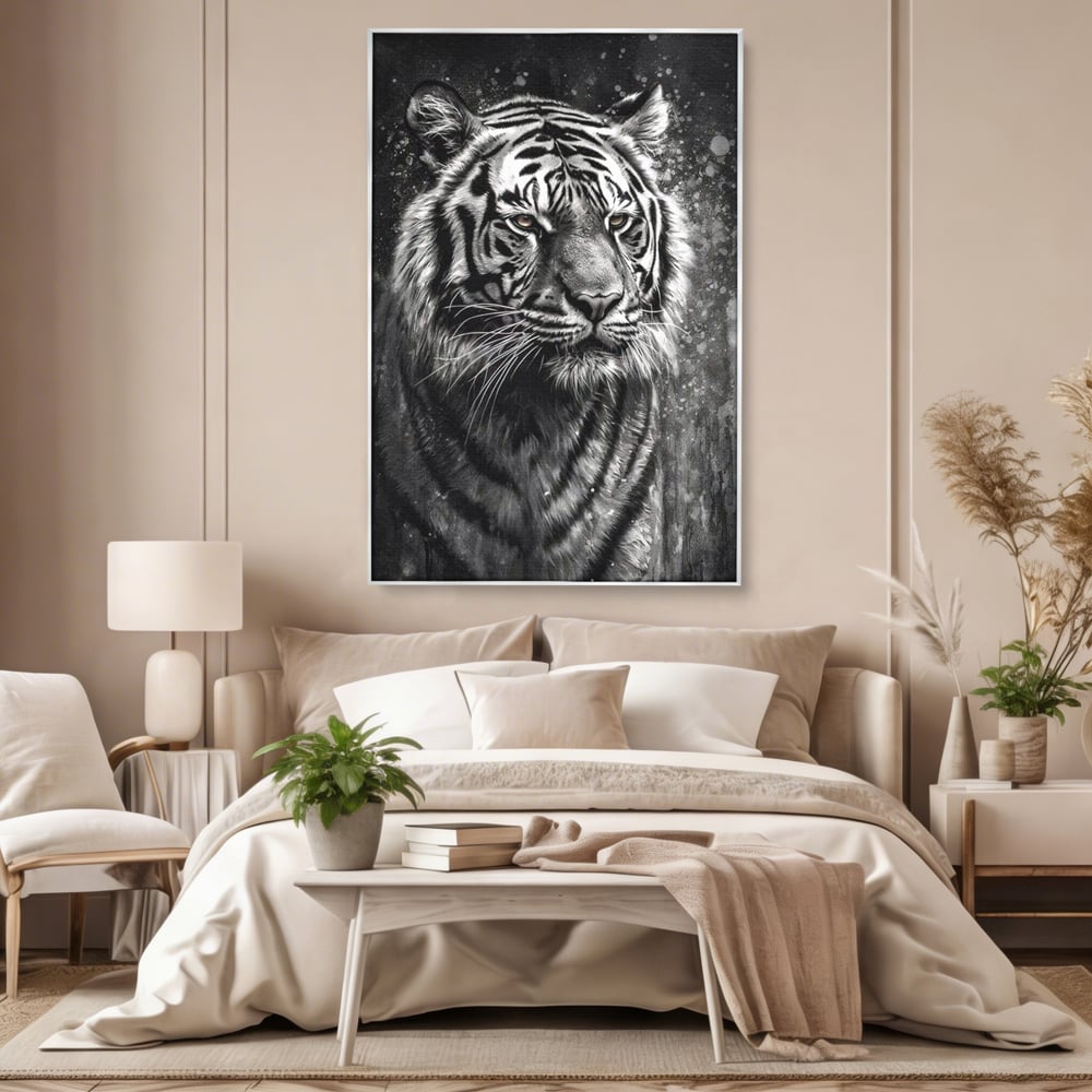 Leinwand Premium Leinwandbilder, LuxCanva® M1433, Schneetier, Monochrom, Gemälde, Portrait, Abstrakt, Tiger, Schwarz-Weiß, Schwarz-Weiß, Feline, Tier, Schatten, Stark, Edel, Büro, Wohnen, Kinderzimmer