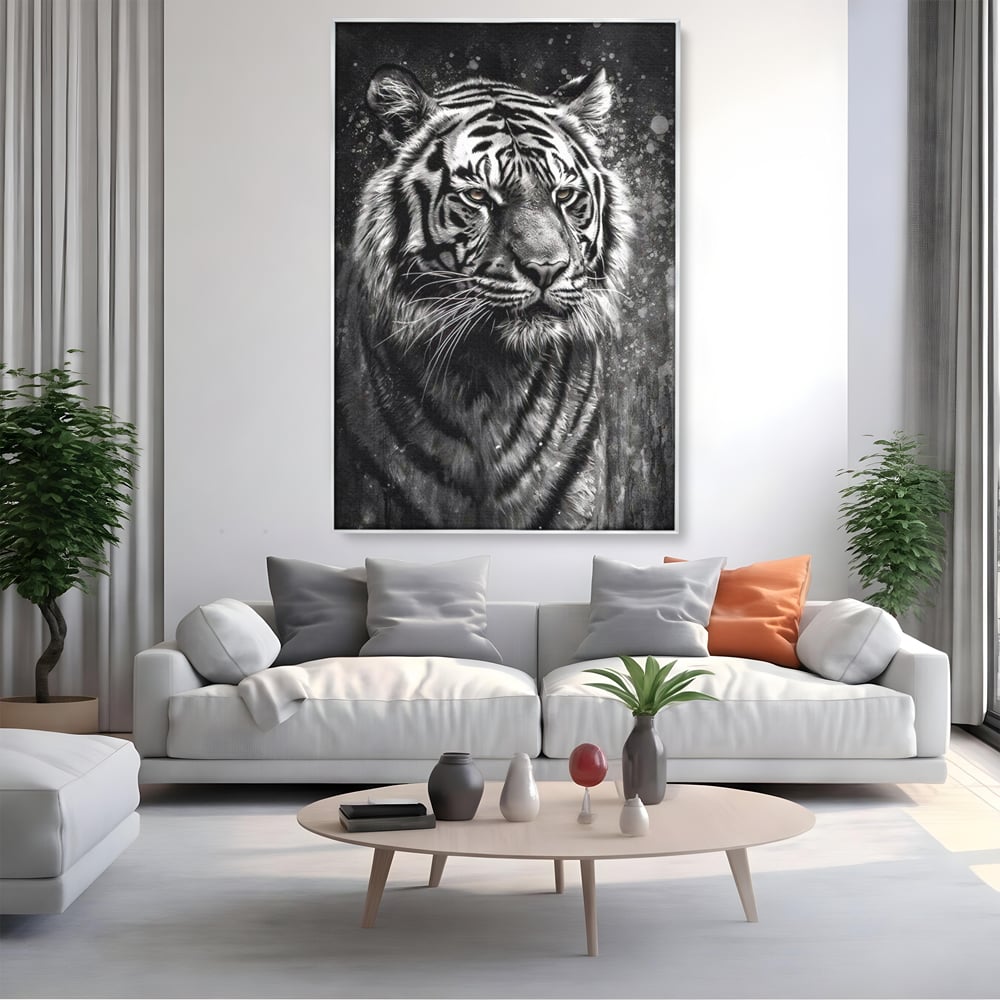 Leinwand Premium Leinwandbilder, LuxCanva® M1433, Schneetier, Monochrom, Gemälde, Portrait, Abstrakt, Tiger, Schwarz-Weiß, Schwarz-Weiß, Feline, Tier, Schatten, Stark, Edel, Büro, Wohnen, Kinderzimmer