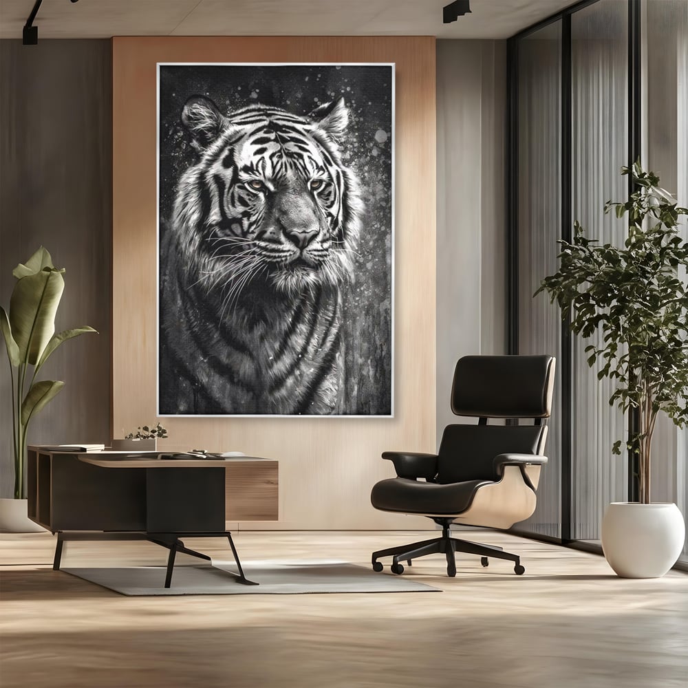 Leinwand Premium Leinwandbilder, LuxCanva® M1433, Schneetier, Monochrom, Gemälde, Portrait, Abstrakt, Tiger, Schwarz-Weiß, Schwarz-Weiß, Feline, Tier, Schatten, Stark, Edel, Büro, Wohnen, Kinderzimmer