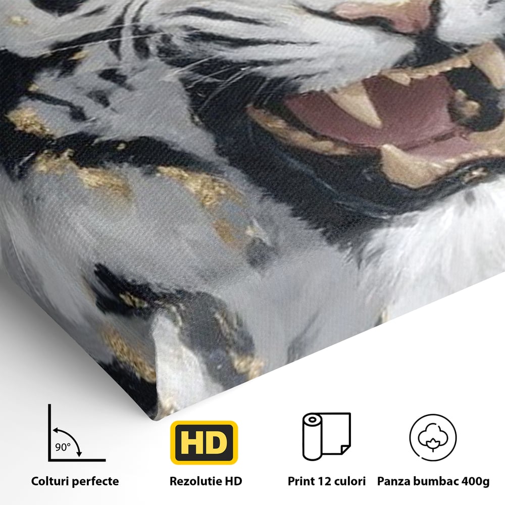 Tablou Canvas Premium, LuxCanva® M1434, Puterea Ragetului, Marmura, Auriu, Tigru, Fiara, Felina, Forta, Furie, Colti, Dungi, Birou, Living, Camera Copil