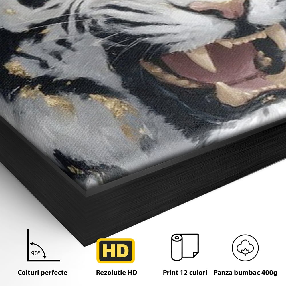 Tablou Canvas Premium, LuxCanva® M1434, Puterea Ragetului, Marmura, Auriu, Tigru, Fiara, Felina, Forta, Furie, Colti, Dungi, Birou, Living, Camera Copil