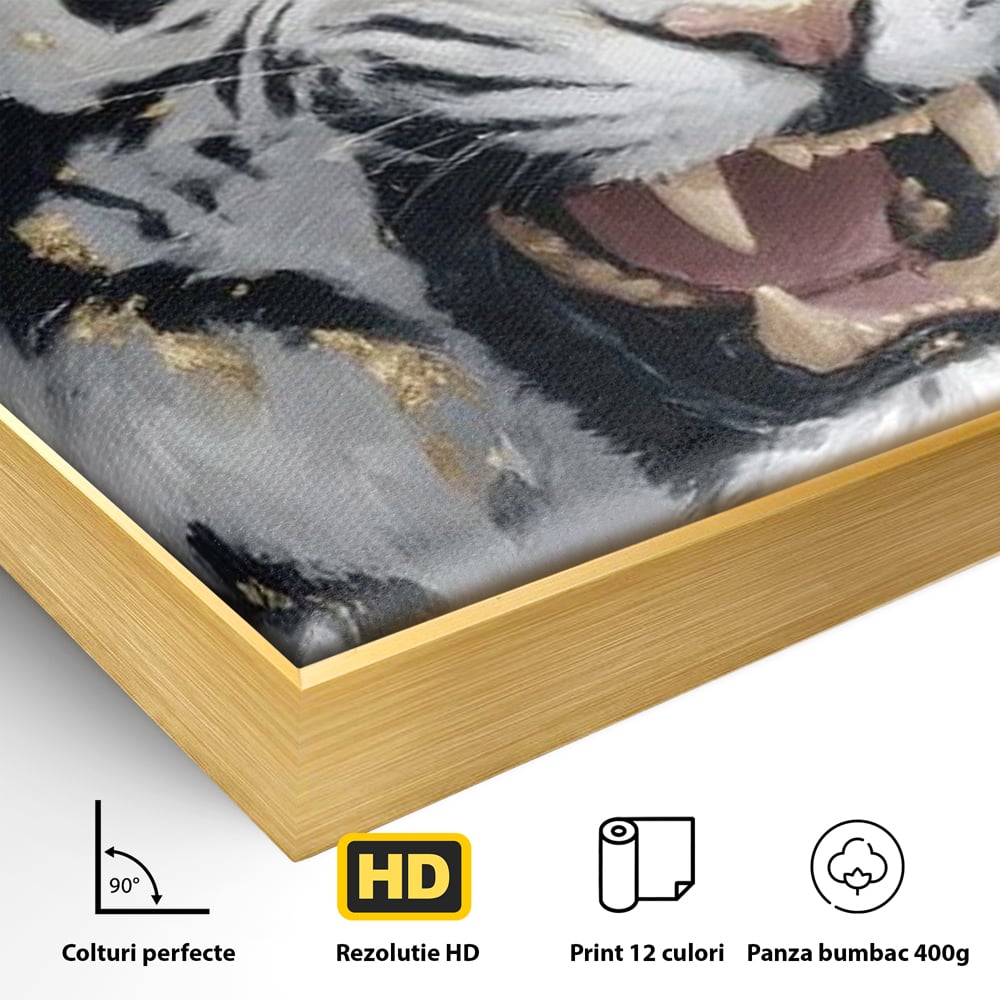 Tablou Canvas Premium, LuxCanva® M1434, Puterea Ragetului, Marmura, Auriu, Tigru, Fiara, Felina, Forta, Furie, Colti, Dungi, Birou, Living, Camera Copil