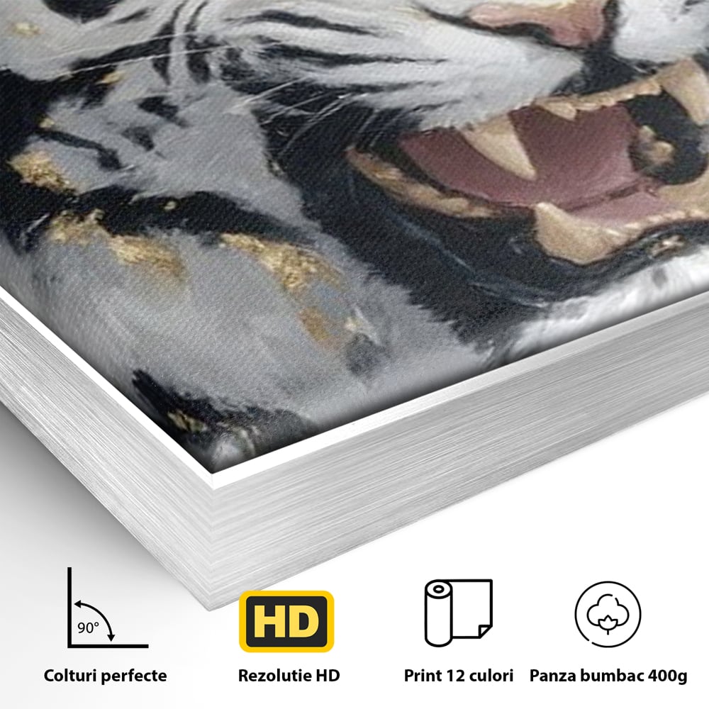 Tablou Canvas Premium, LuxCanva® M1434, Puterea Ragetului, Marmura, Auriu, Tigru, Fiara, Felina, Forta, Furie, Colti, Dungi, Birou, Living, Camera Copil