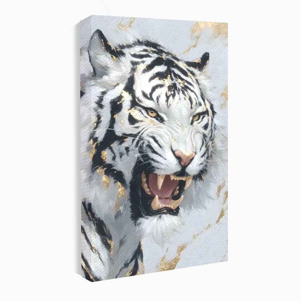Tablou Canvas Premium, LuxCanva® M1434, Puterea Ragetului, Marmura, Auriu, Tigru, Fiara, Felina, Forta, Furie, Colti, Dungi, Birou, Living, Camera Copil