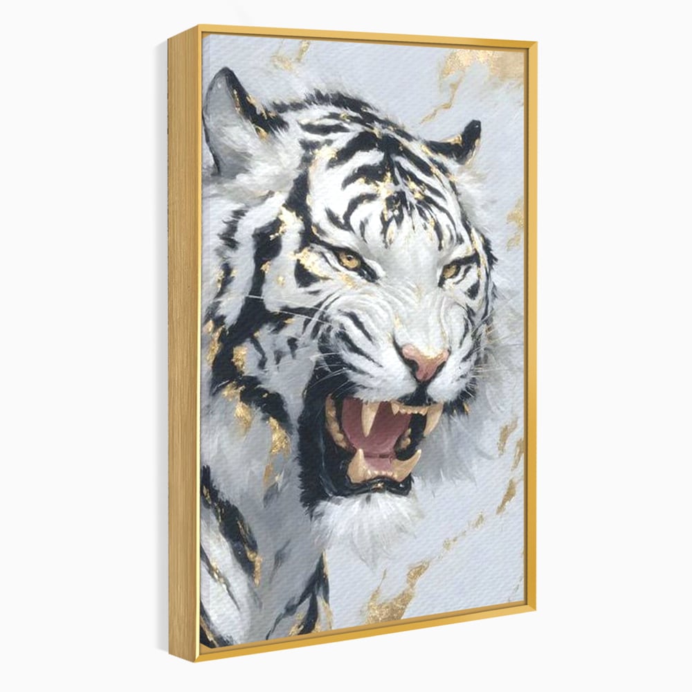 Tablou Canvas Premium, LuxCanva® M1434, Puterea Ragetului, Marmura, Auriu, Tigru, Fiara, Felina, Forta, Furie, Colti, Dungi, Birou, Living, Camera Copil