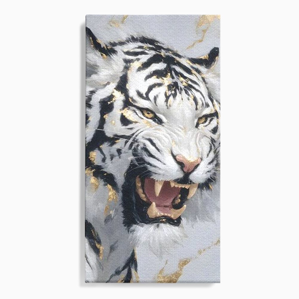 Tablou Canvas Premium, LuxCanva® M1434, Puterea Ragetului, Marmura, Auriu, Tigru, Fiara, Felina, Forta, Furie, Colti, Dungi, Birou, Living, Camera Copil